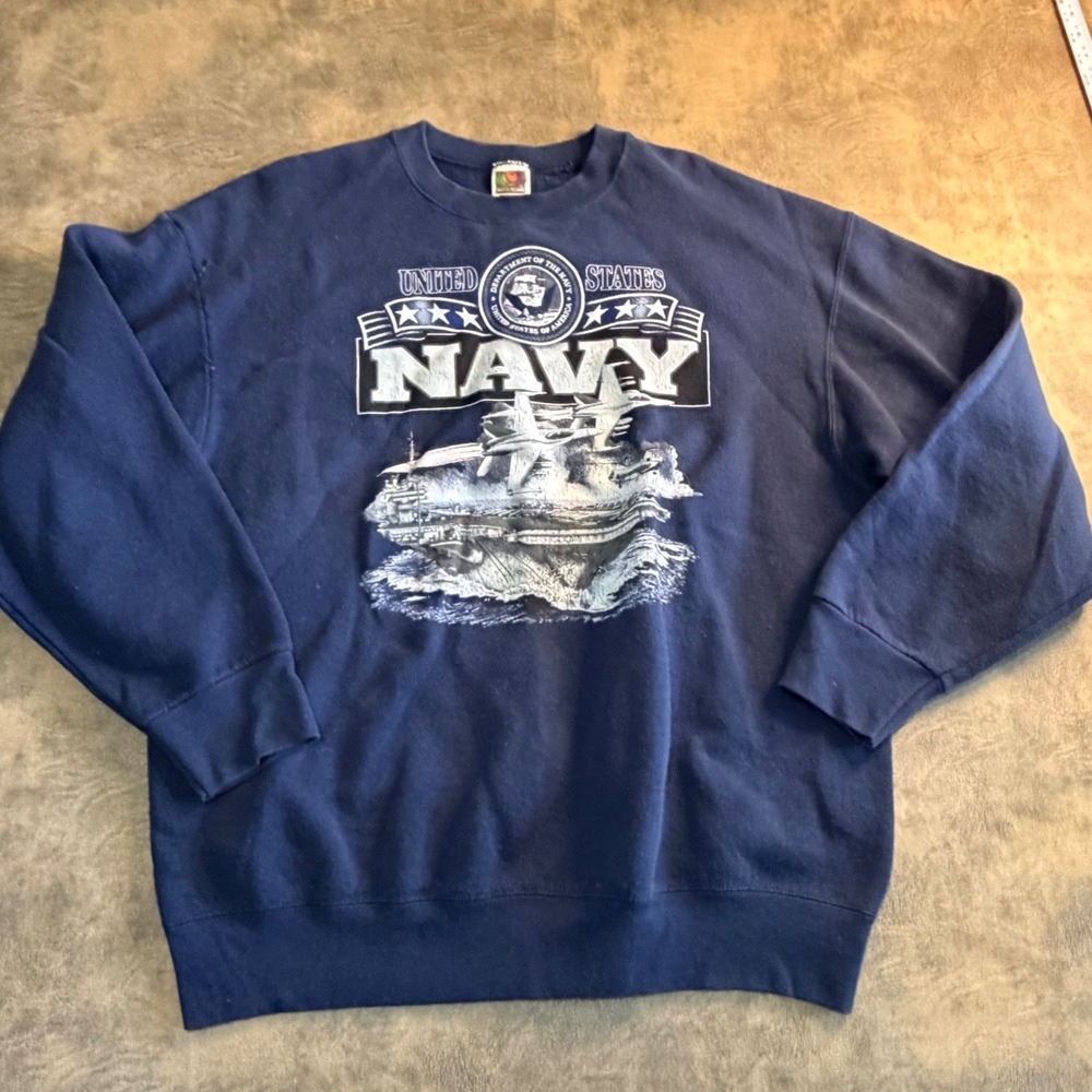 Fruit of the Loom Sweatshirt Mens XL Navy Blue US Navy Aircraft Carrier VTG